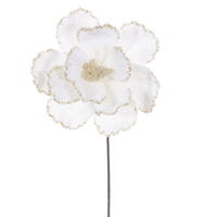 Vickerman 10" x 20" Velvet Bead Trim Magnolia Stem. Each magnolia features velvet material with bead accents, wired petals, and a wired paper-wrapped stem. The stem measures 20 inches and the flower head diameter is 10 inches. It includes three pieces per