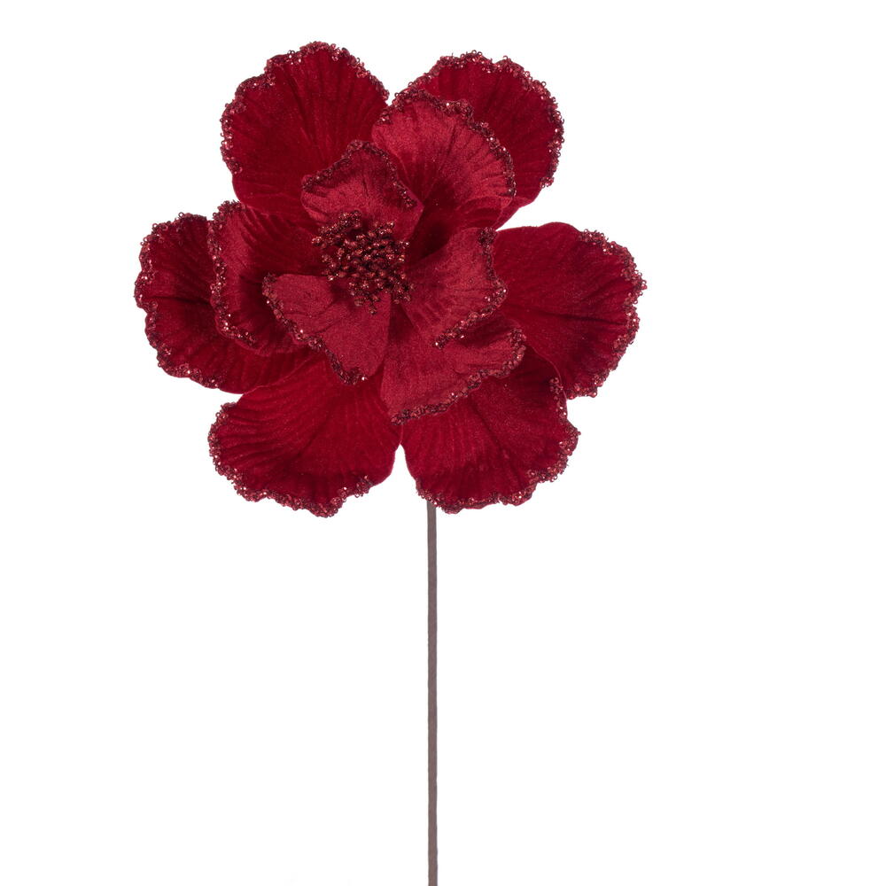 Vickerman 10" x 20" Velvet Bead Trim Magnolia Stem. Each magnolia features velvet material with bead accents, wired petals, and a wired paper-wrapped stem. The stem measures 20 inches and the flower head diameter is 10 inches. It includes three pieces per