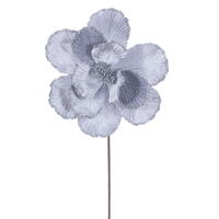 Vickerman 10" x 20" Velvet Bead Trim Magnolia Stem. Each magnolia features velvet material with bead accents, wired petals, and a wired paper-wrapped stem. The stem measures 20 inches and the flower head diameter is 10 inches. It includes three pieces per