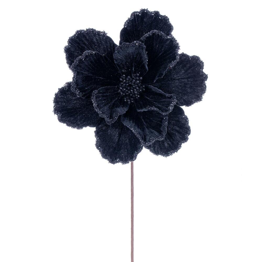 Vickerman 10" x 20" Velvet Bead Trim Magnolia Stem. Each magnolia features velvet material with bead accents, wired petals, and a wired paper-wrapped stem. The stem measures 20 inches and the flower head diameter is 10 inches. It includes three pieces per