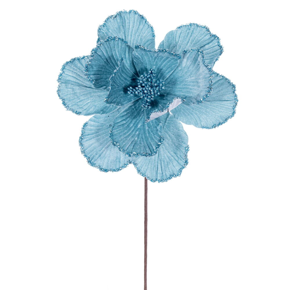 Vickerman 10" x 20" Velvet Bead Trim Magnolia Stem. Each magnolia features velvet material with bead accents, wired petals, and a wired paper-wrapped stem. The stem measures 20 inches and the flower head diameter is 10 inches. It includes three pieces per
